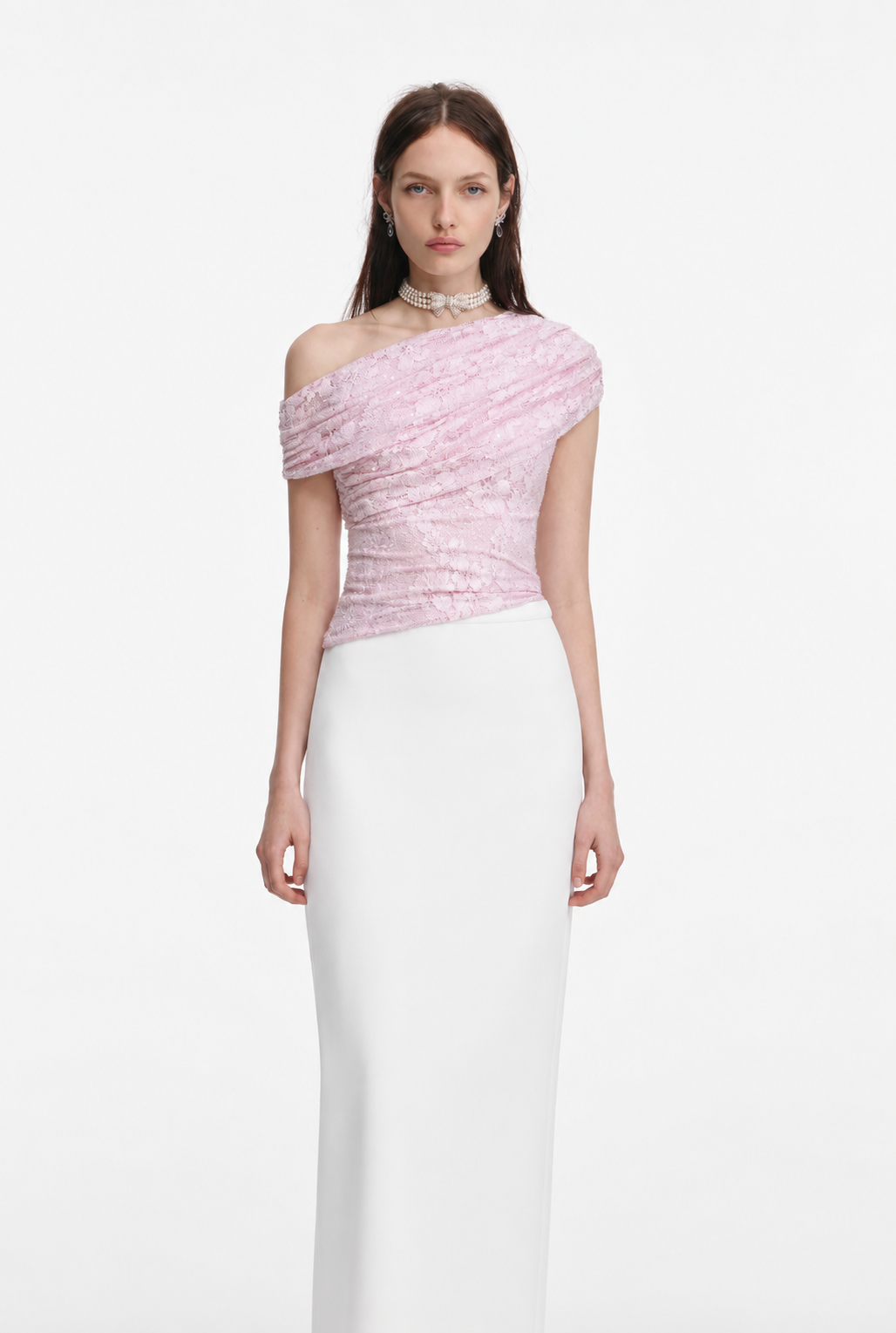 Self-Portrait Pink Rhinestone Lace Drape Top