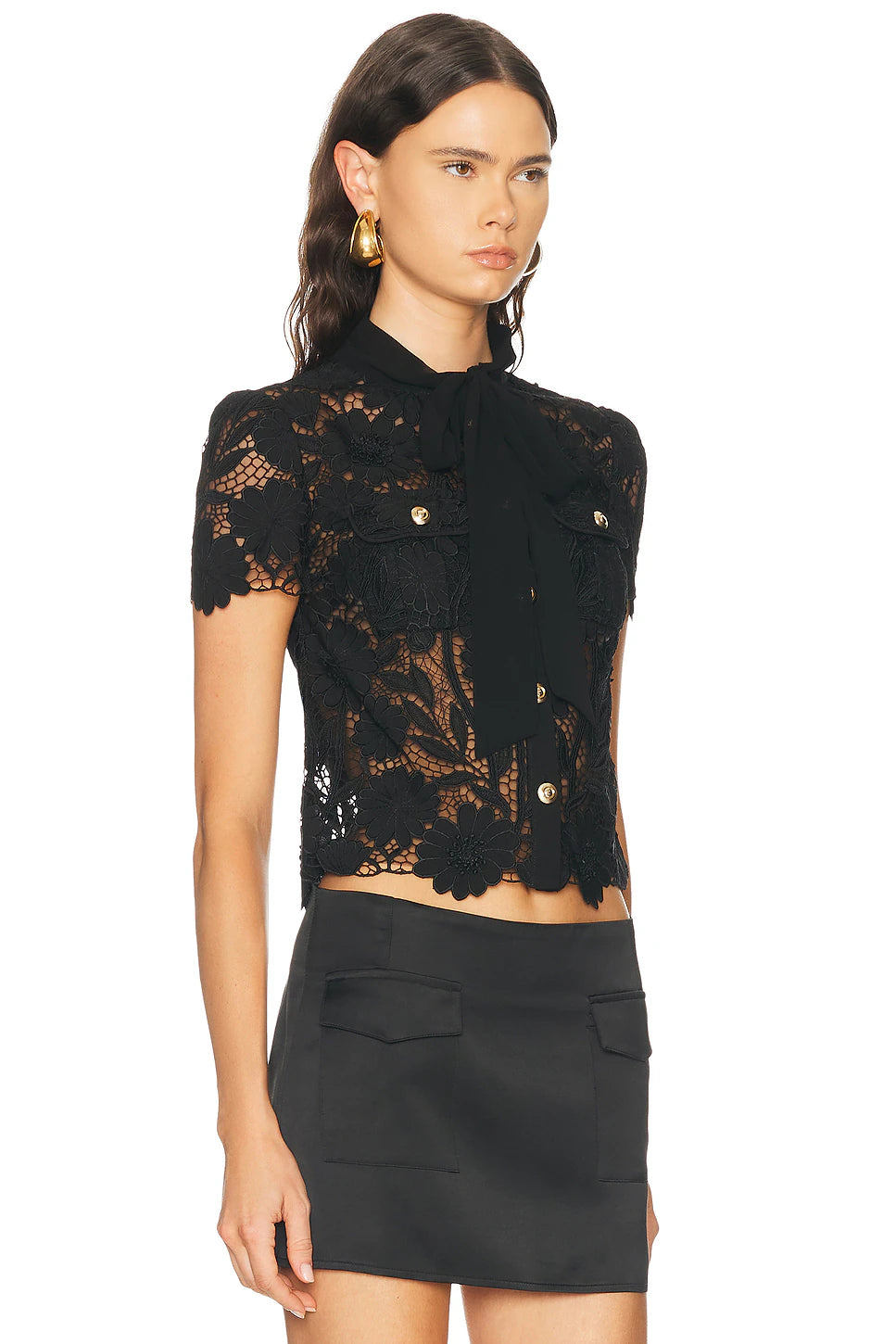 BLACK LACE TIE NECK TOP